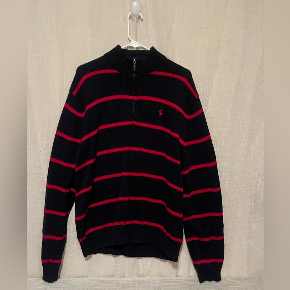 Polo Ralph Lauren Men’s XL Navy Red Stripe Quarter Zip Cotton Sweater